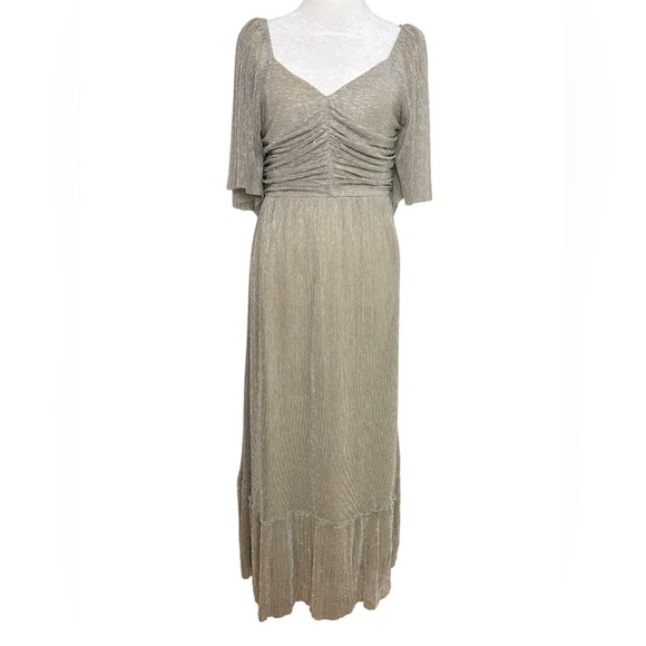 BALTIC BORN Athena Pleated V-Neck Maxi Dress Champagne Gold Metallic Size L - Picture 3 of 17